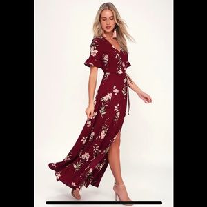 Lulu’s September Sunsets Burgundy Floral Print Wrap Maxi Dress NWT